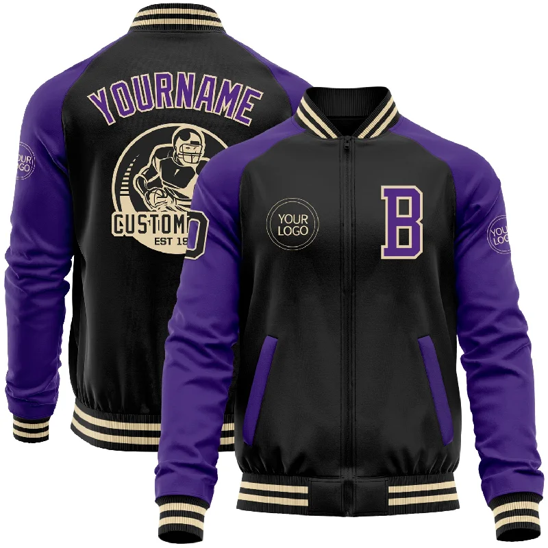 Comfortable Sweatshirt Jacket for Relaxed Days-Custom Black Purple-Cream Bomber Varsity Letterman Two Tone Zipper Jacket