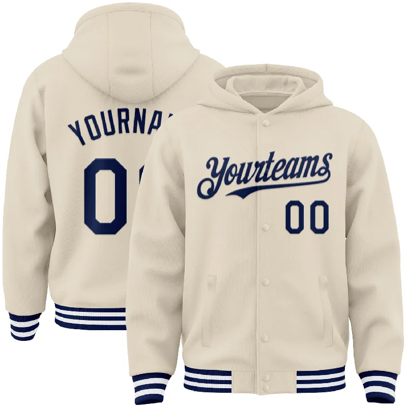 Street Style Hoodie for Modern Fashion-Custom Cream Navy-White Bomber Full-Snap Varsity Letterman Hoodie Jacket