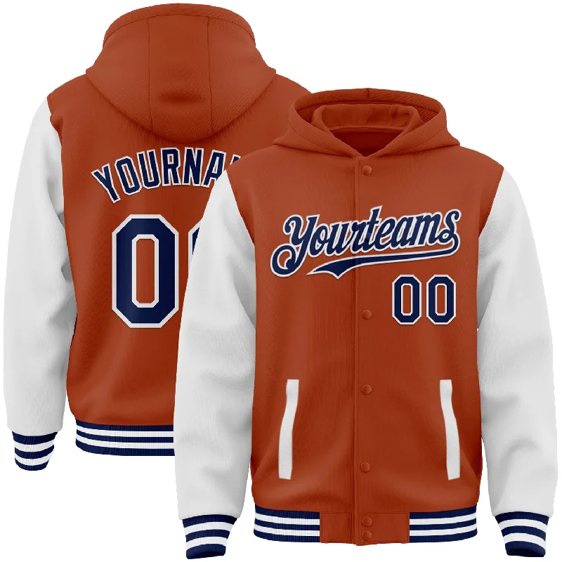 Soft French Terry Hoodie for Comfy Casual Wear-Custom Texas Orange Navy-White Bomber Full-Snap Varsity Letterman Two Tone Hoodie Jacket