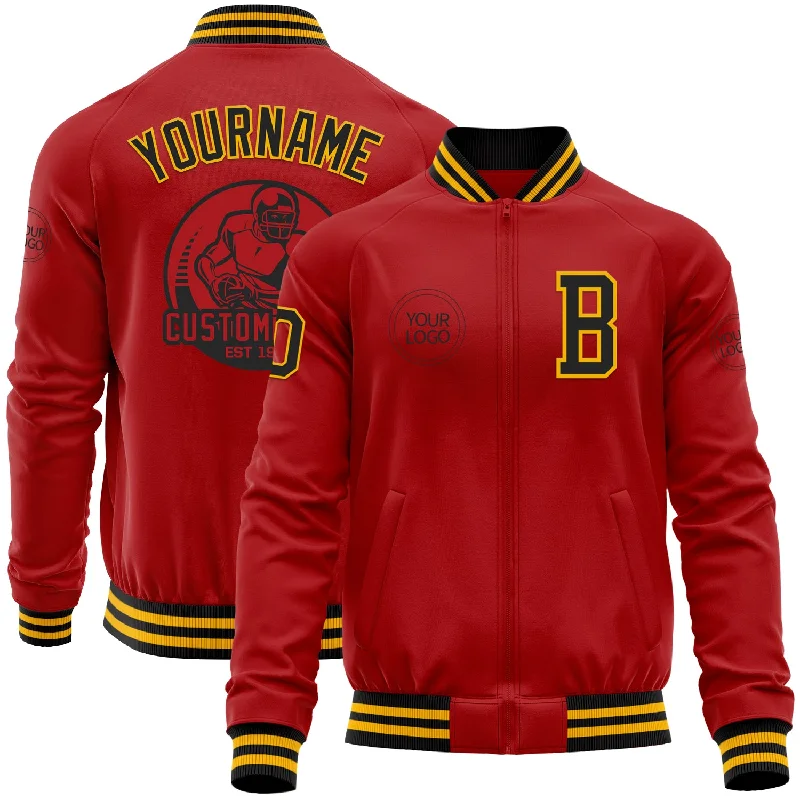 Urban Streetwear Jacket for Casual Looks-Custom Red Black-Gold Bomber Varsity Letterman Zipper Jacket