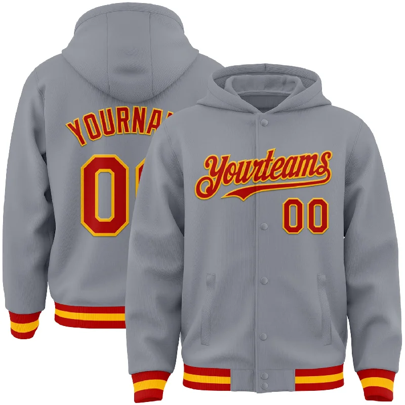 Cozy Winter Hoodie for Chilly Days-Custom Gray Red-Gold Bomber Full-Snap Varsity Letterman Hoodie Jacket