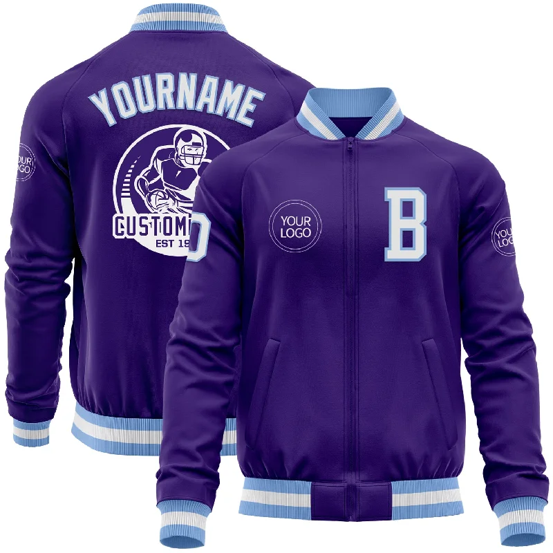 Urban Streetwear Jacket for Casual Looks-Custom Purple White-Light Blue Bomber Varsity Letterman Zipper Jacket