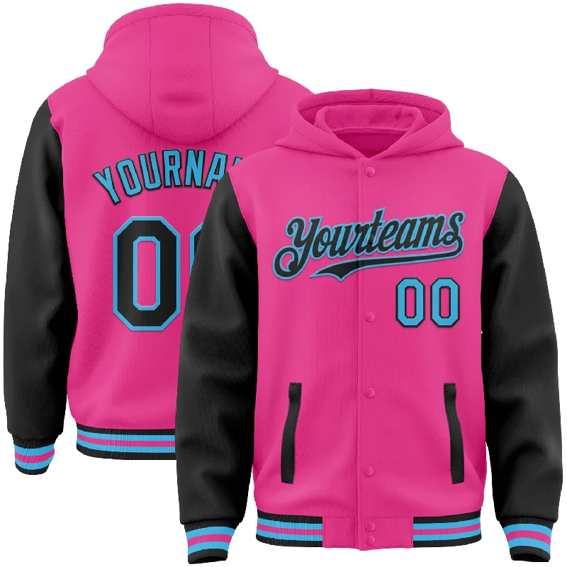 Athletic-Fit Hoodie for Sports and Fitness-Custom Pink Black-Sky Blue Bomber Full-Snap Varsity Letterman Two Tone Hoodie Jacket