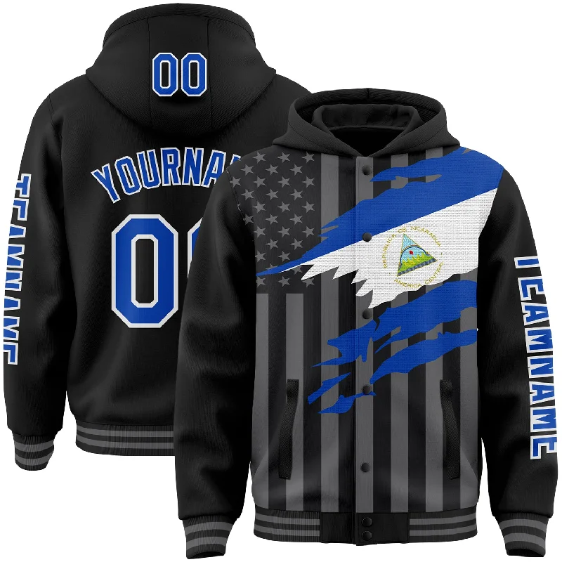 Graphic Print Hoodie for Trendy Style-Custom Black Thunder Blue-Gray Nicaragua Nicaraguan Flag 3D Bomber Full-Snap Varsity Letterman Hoodie Jacket