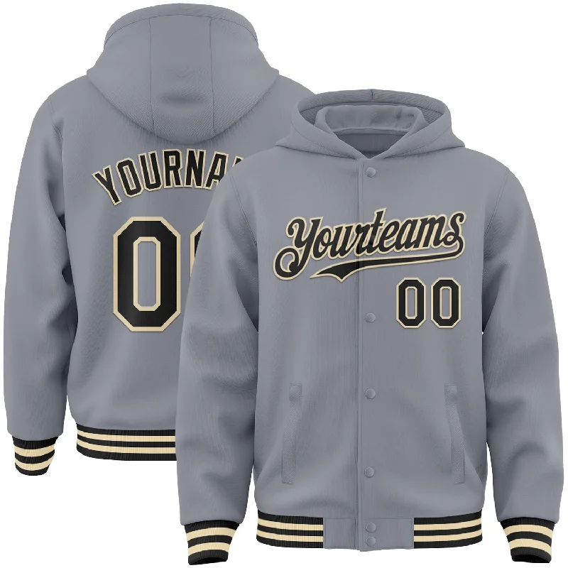 Vintage Hoodie for Nostalgic Look-Custom Gray Black-Cream Bomber Full-Snap Varsity Letterman Hoodie Jacket