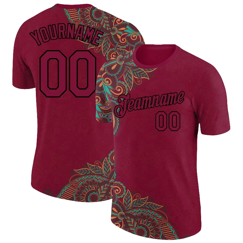 Retro Band T-Shirt for Music Lovers-Custom Maroon Black 3D Pattern Floral Design Performance T-Shirt