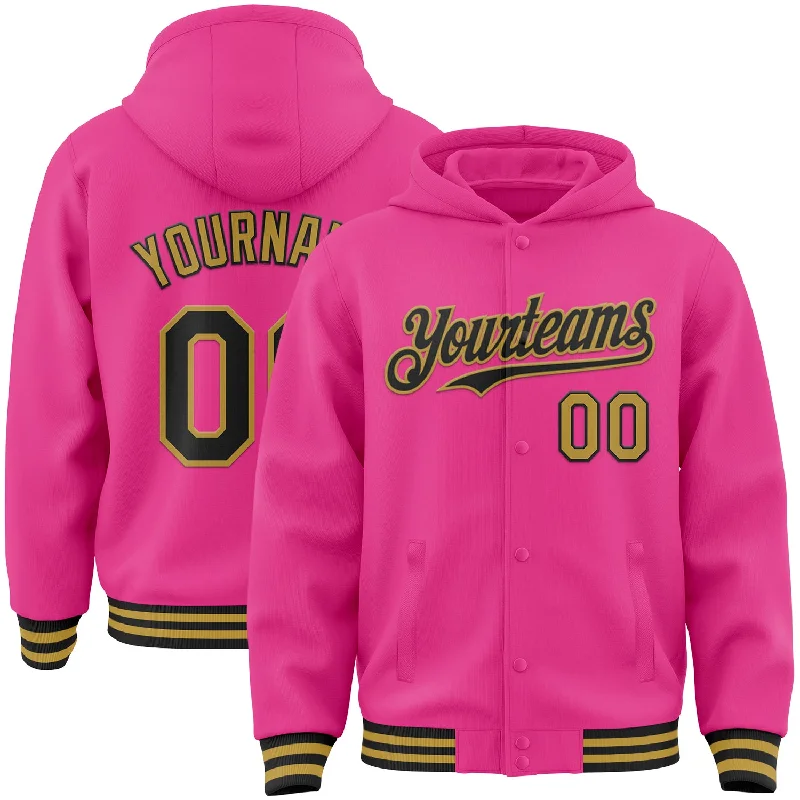 Graphic Print Zip Hoodie for Stylish Looks-Custom Pink Black-Old Gold Bomber Full-Snap Varsity Letterman Hoodie Jacket