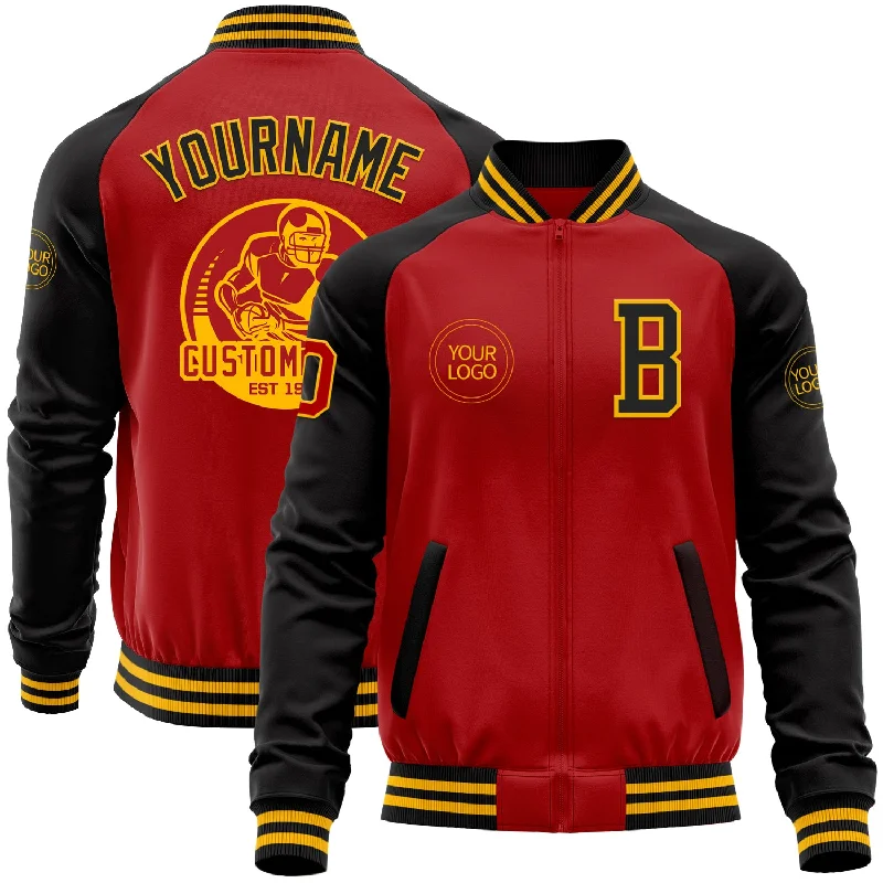 Waterproof Running Jacket for Athletes-Custom Red Black-Gold Bomber Varsity Letterman Two Tone Zipper Jacket