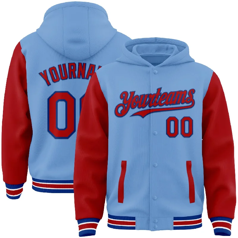 Graphic Print Zip Hoodie for Stylish Looks-Custom Light Blue Red-Royal Bomber Full-Snap Varsity Letterman Two Tone Hoodie Jacket