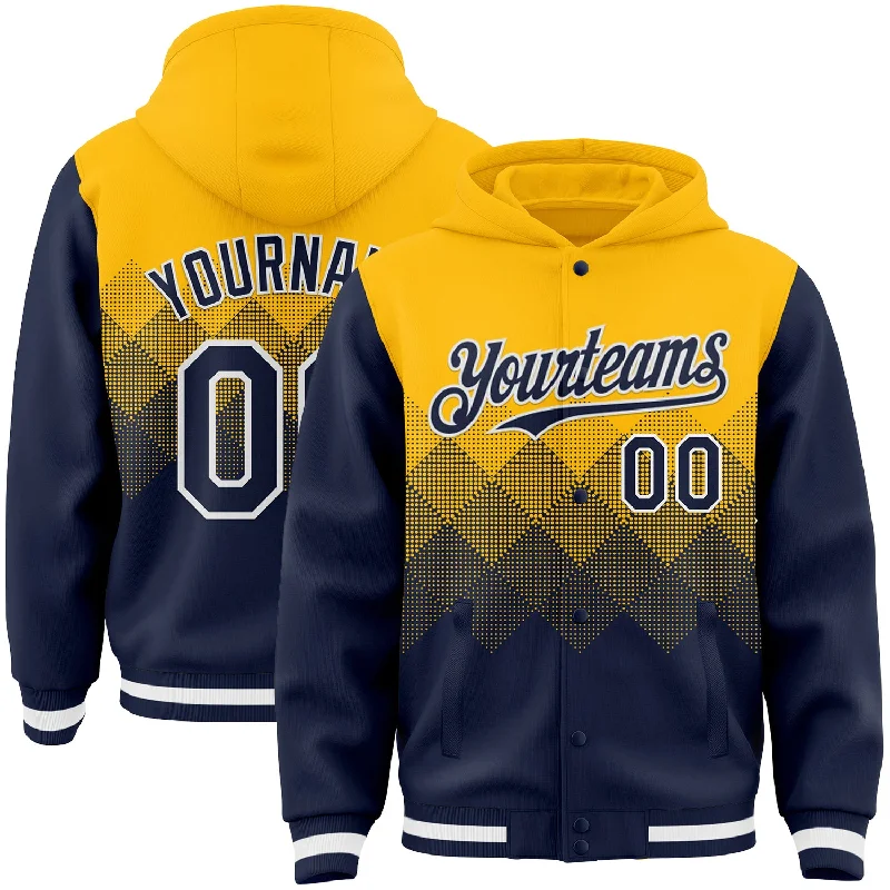 Comfortable Cotton Hoodie for All-Day Comfort-Custom Gold Navy-White Gradient Square Shape 3D Pattern Design Bomber Full-Snap Varsity Letterman Hoodie Jacket