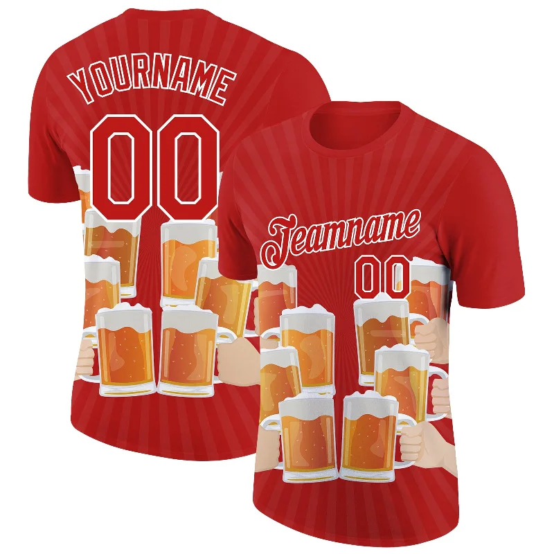 Lightweight Quick-Dry T-Shirt for Hot Weather-Custom Fire Red White 3D Pattern Design Beer Performance T-Shirt