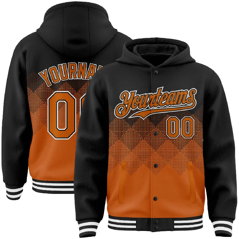 Vintage-Inspired Hoodie for Classic Appeal-Custom Black Texas Orange-White Gradient Square Shape 3D Pattern Design Bomber Full-Snap Varsity Letterman Hoodie Jacket