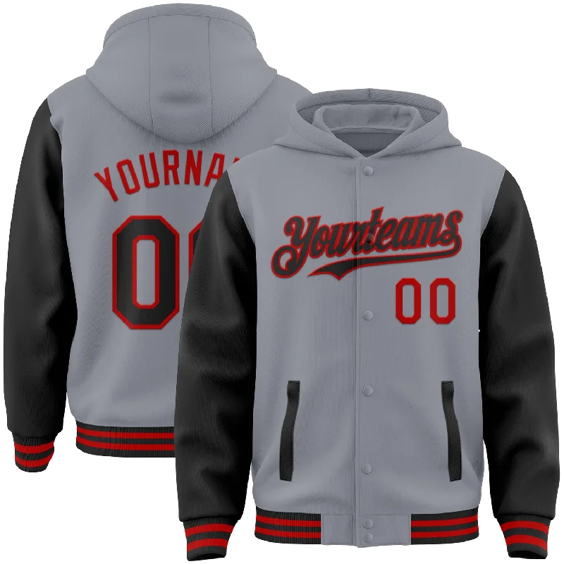 Warm Knit Hoodie for Layering on Cold Days-Custom Gray Black-Red Bomber Full-Snap Varsity Letterman Two Tone Hoodie Jacket