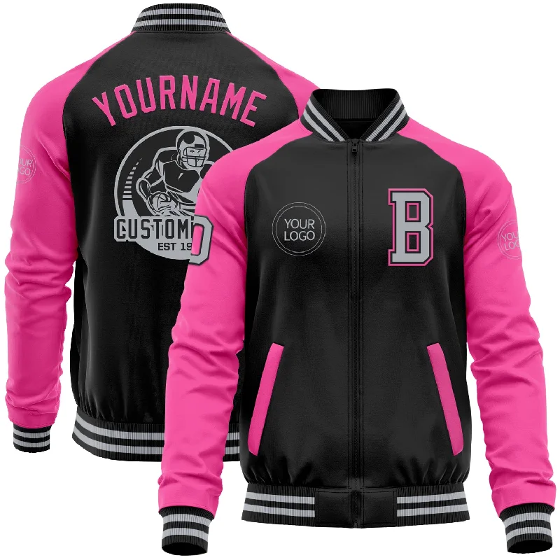 Waterproof Rain Jacket for Wet Conditions-Custom Black Gray-Pink Bomber Varsity Letterman Two Tone Zipper Jacket