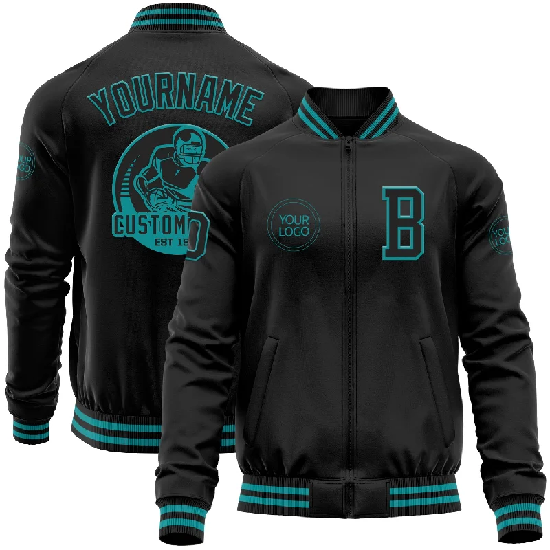 Stylish Leather Jacket for Trendy Look-Custom Black Teal Bomber Varsity Letterman Zipper Jacket