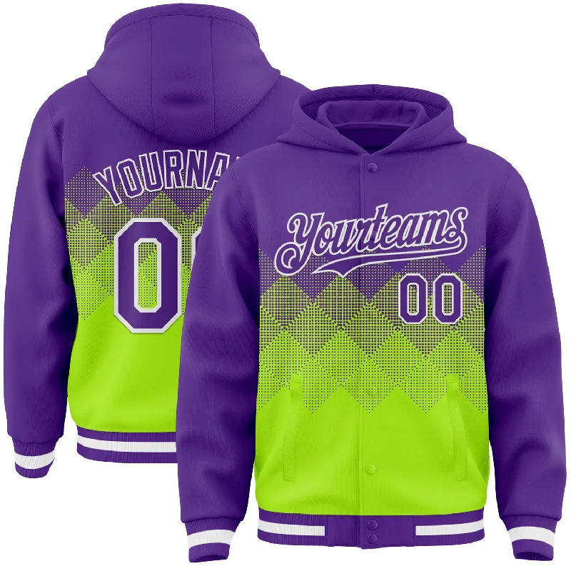 Classic Pullover Hoodie for Everyday Casual-Custom Purple Neon Green-White Gradient Square Shape 3D Pattern Design Bomber Full-Snap Varsity Letterman Hoodie Jacket