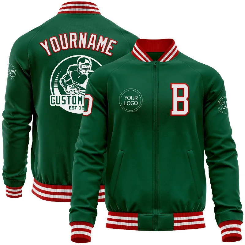 Practical Utility Work Jacket for Professional Use-Custom Kelly Green White-Red Bomber Varsity Letterman Zipper Jacket