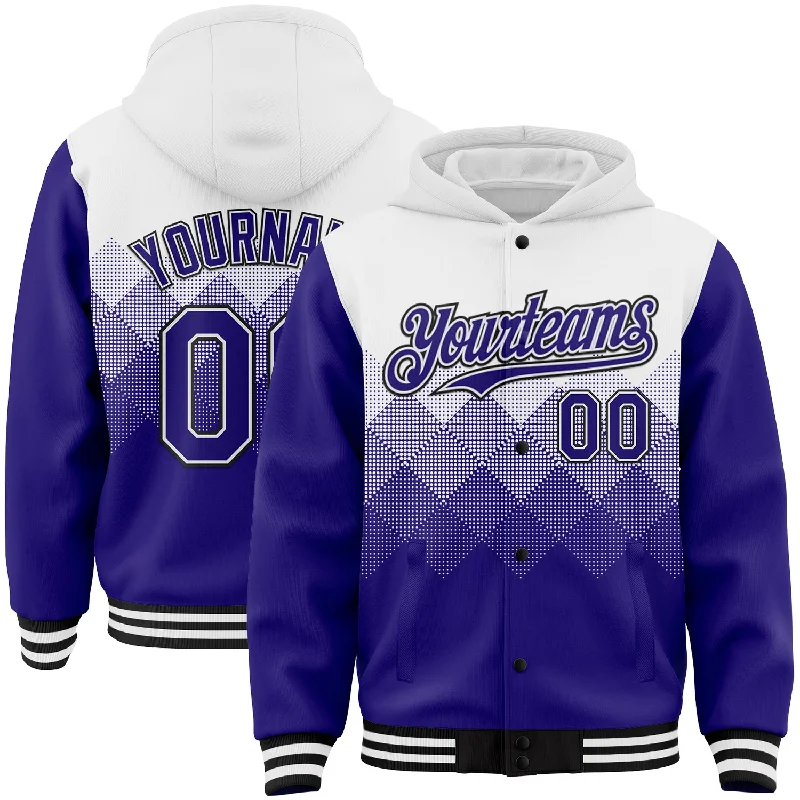 Versatile Hoodie for Sports and Leisure-Custom White Dark Purple-Black Gradient Square Shape 3D Pattern Design Bomber Full-Snap Varsity Letterman Hoodie Jacket