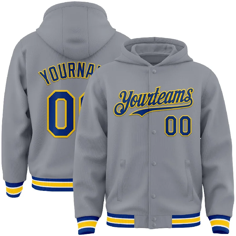 High-Performance Hoodie for Cold Weather Sports-Custom Gray Royal-Yellow Bomber Full-Snap Varsity Letterman Hoodie Jacket