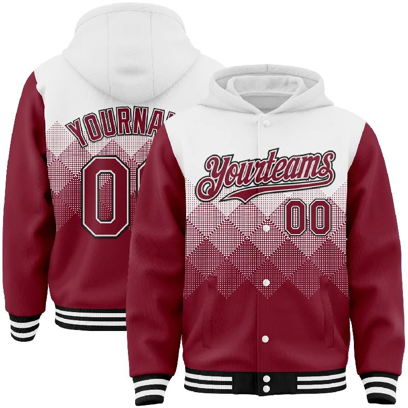 Athletic-Fit Hoodie for Sports and Fitness-Custom White Crimson-Black Gradient Square Shape 3D Pattern Design Bomber Full-Snap Varsity Letterman Hoodie Jacket