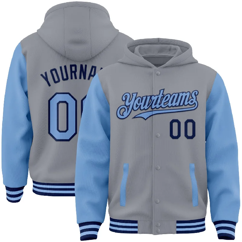 Personalized Hoodie for Custom Style-Custom Gray Light Blue-Navy Bomber Full-Snap Varsity Letterman Two Tone Hoodie Jacket