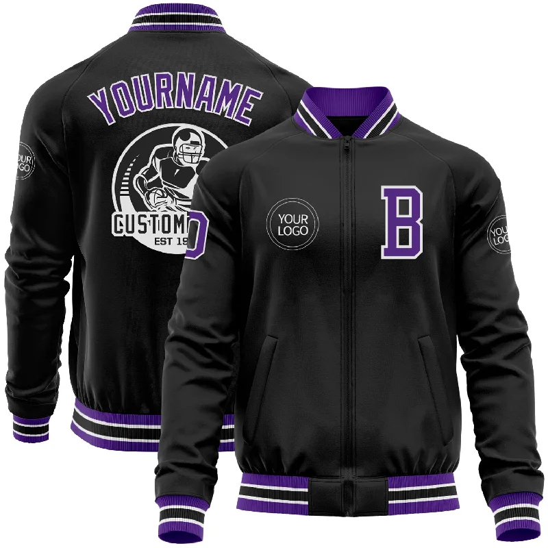 Seamless Jacket for Sleek, Minimalist Look-Custom Black Purple-White Bomber Varsity Letterman Zipper Jacket