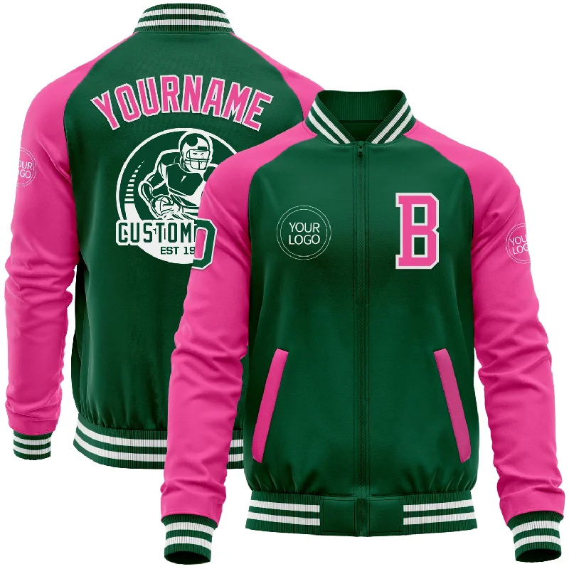 Tech Fabric Jacket for Modern Performance Wear-Custom Kelly Green Pink-White Bomber Varsity Letterman Two Tone Zipper Jacket