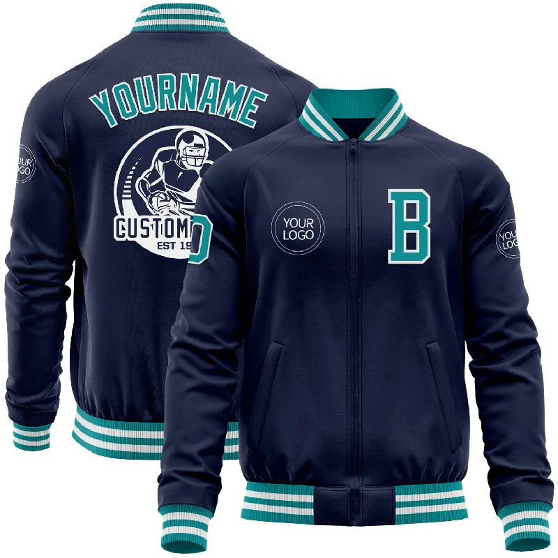 Puffer Jacket for Extra Warmth and Comfort-Custom Navy Teal-White Bomber Varsity Letterman Zipper Jacket