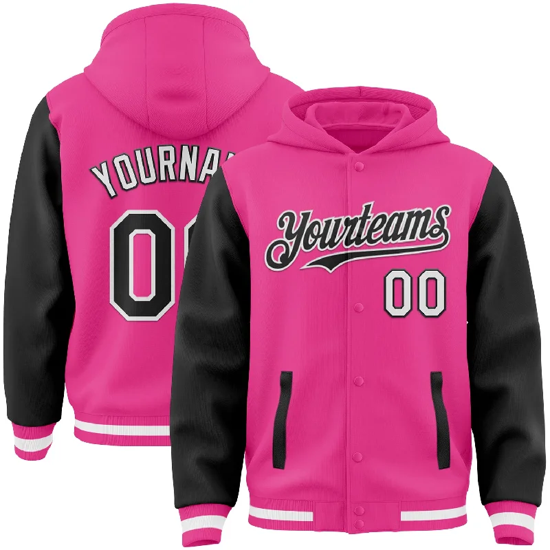 Lightweight Packable Hoodie for Travel-Custom Pink Black-White Bomber Full-Snap Varsity Letterman Two Tone Hoodie Jacket