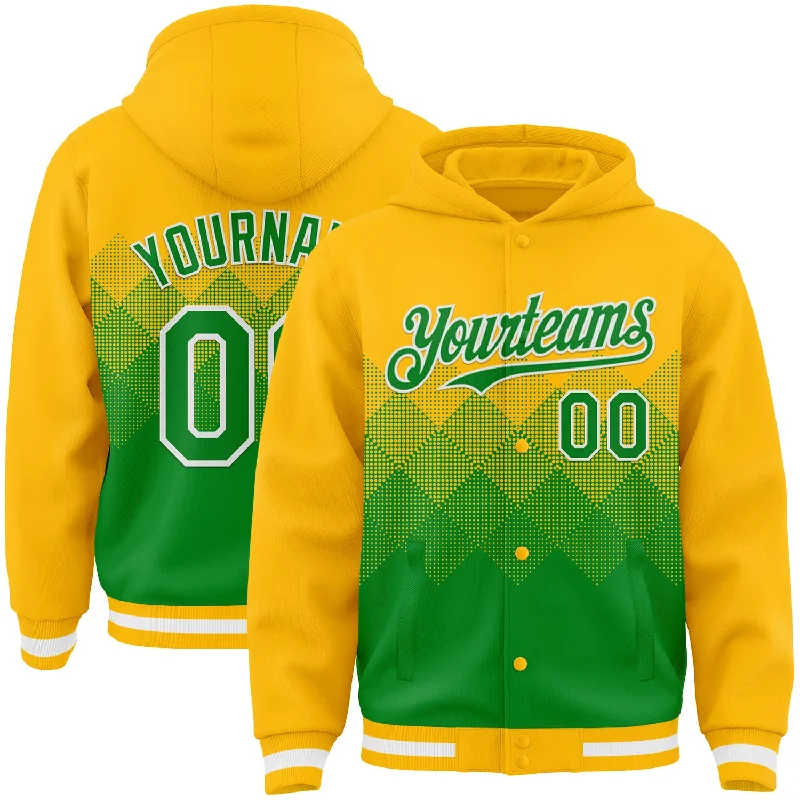 Warm Fleece-Lined Hoodie for Cold Weather-Custom Gold Grass Green-White Gradient Square Shape 3D Pattern Design Bomber Full-Snap Varsity Letterman Hoodie Jacket