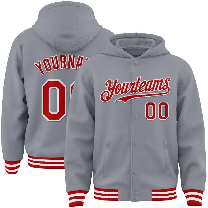 Cozy Zip Hoodie for Easy Layering-Custom Gray Red-White Bomber Full-Snap Varsity Letterman Hoodie Jacket