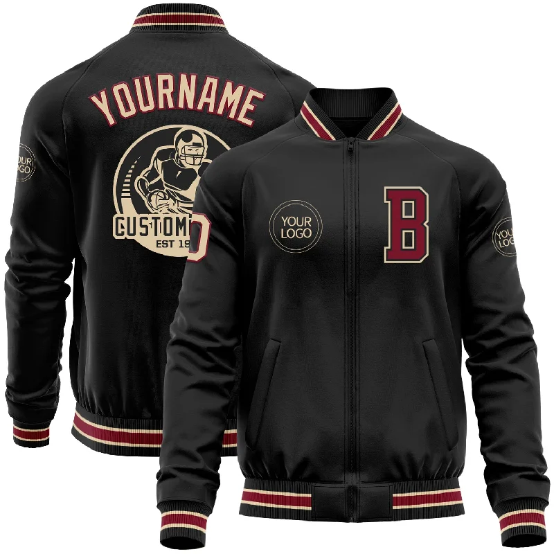 Waterproof Outdoor Jacket for All-Weather Protection-Custom Black Crimson-City Cream Bomber Varsity Letterman Zipper Jacket