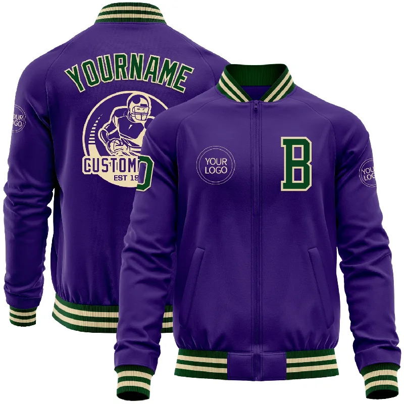 Elegant Wool Blazer Jacket for Professional Look-Custom Purple Green-Cream Bomber Varsity Letterman Zipper Jacket