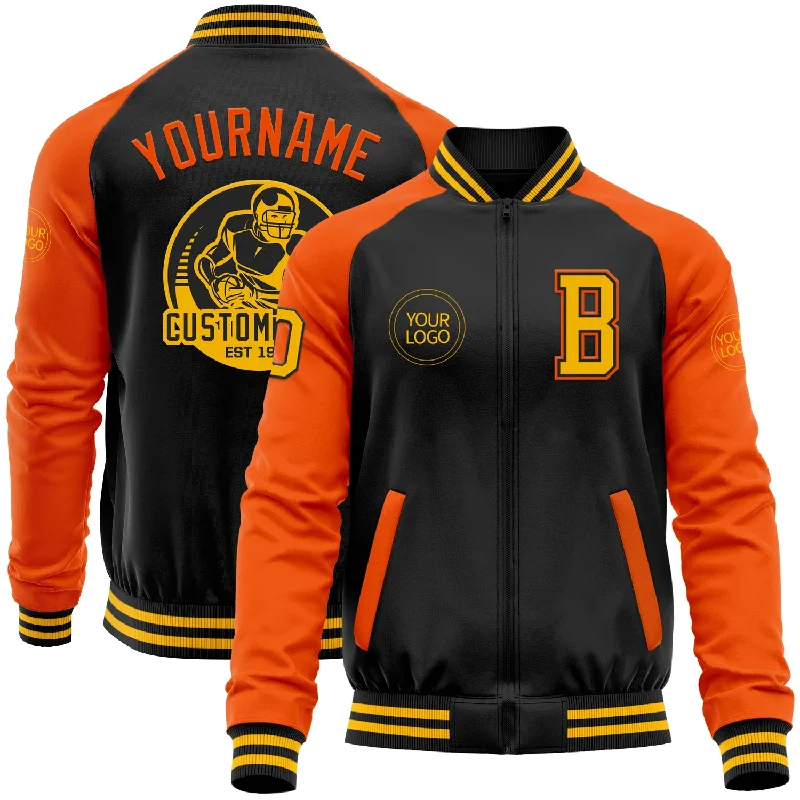 Military Green Jacket for Tough, Outdoorsy Style-Custom Black Gold-Orange Bomber Varsity Letterman Two Tone Zipper Jacket