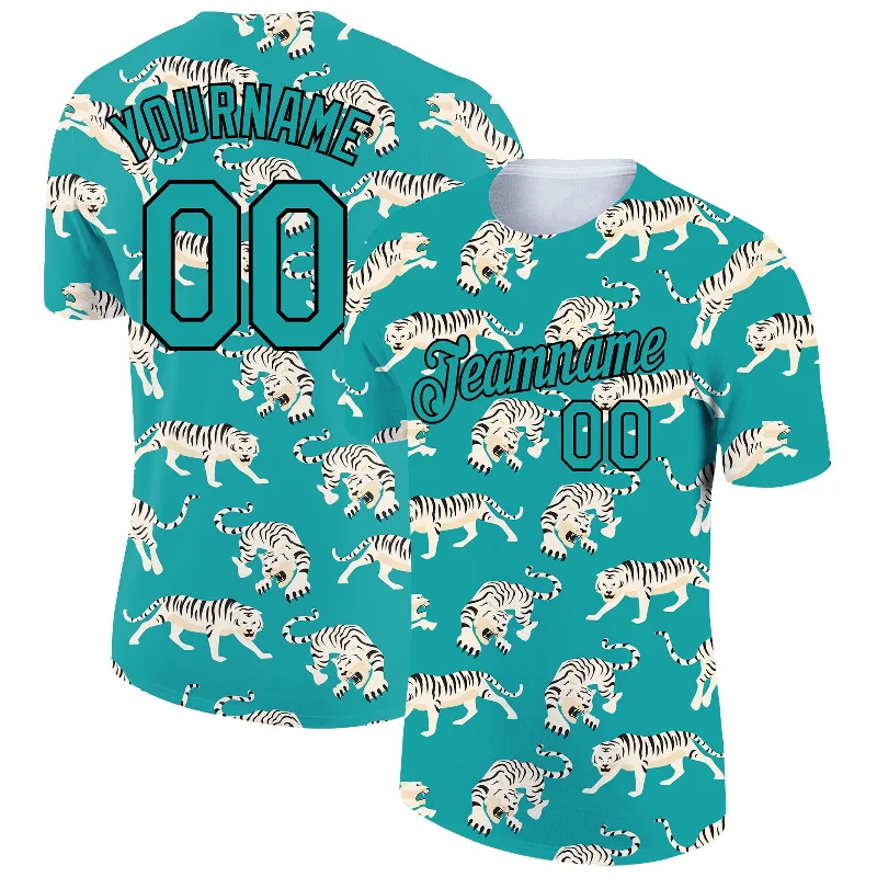 Pre-Washed Vintage T-Shirt for Softness-Custom Aqua Black 3D Pattern Design Tiger Performance T-Shirt