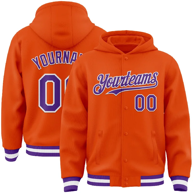 Vintage Hoodie for Nostalgic Look-Custom Orange Purple-White Bomber Full-Snap Varsity Letterman Hoodie Jacket