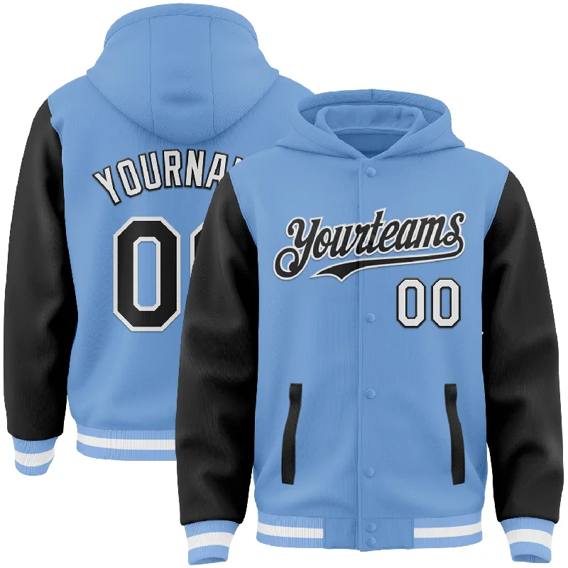 Comfortable Cotton Hoodie for All-Day Comfort-Custom Light Blue Black-White Bomber Full-Snap Varsity Letterman Two Tone Hoodie Jacket