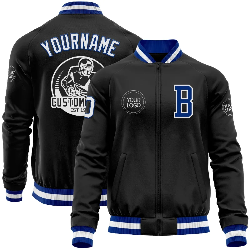 Breathable Jacket for Outdoor Activities-Custom Black Royal-White Bomber Varsity Letterman Zipper Jacket