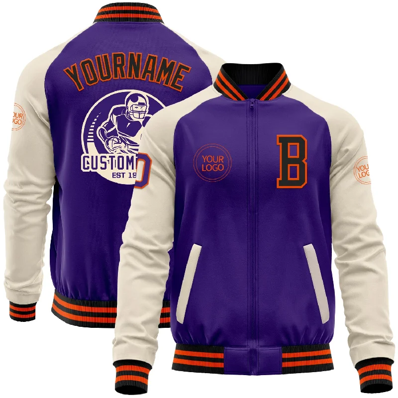 Trendy Quilted Jacket for Chic Comfort-Custom Purple Black Orange-Cream Bomber Varsity Letterman Two Tone Zipper Jacket