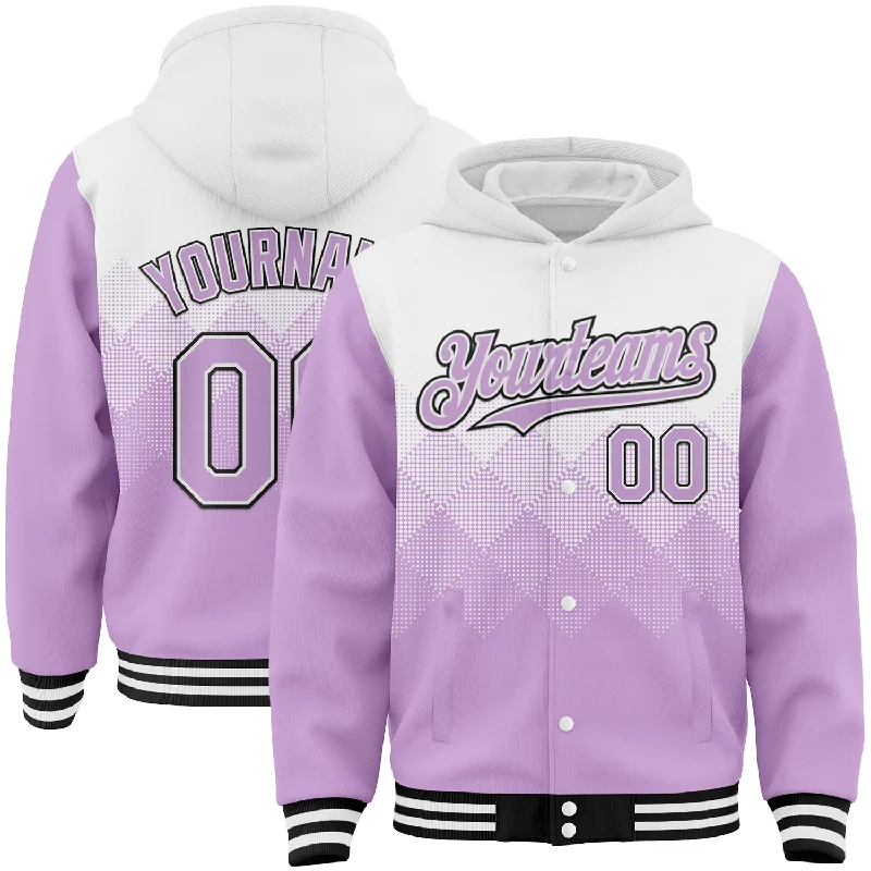 Luxe Hoodie with Cashmere Blend for Softness-Custom White Light Purple-Black Gradient Square Shape 3D Pattern Design Bomber Full-Snap Varsity Letterman Hoodie Jacket