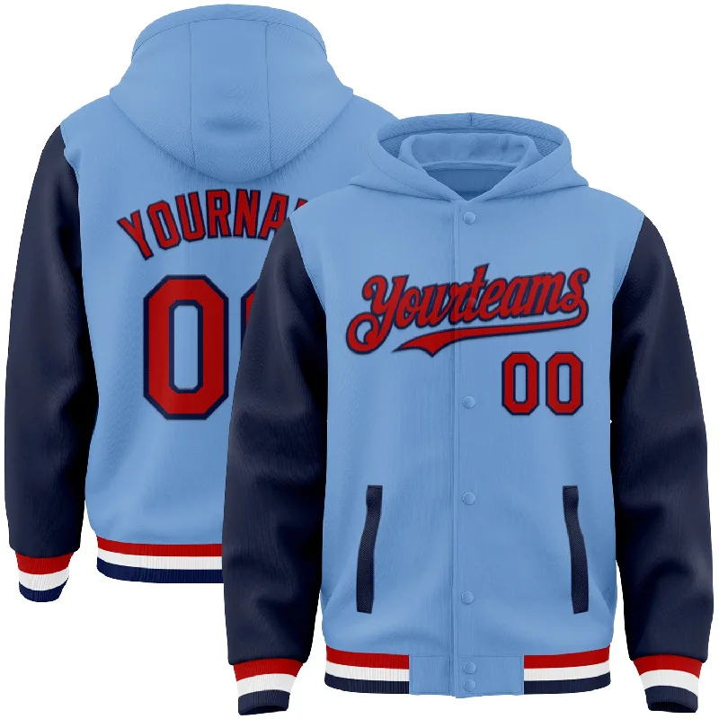 Urban Hoodie for Street Chic Look-Custom Light Blue Red-Navy Bomber Full-Snap Varsity Letterman Two Tone Hoodie Jacket