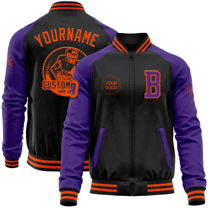 Soft Suede Jacket for Casual Chic Style-Custom Black Orange-Purple Bomber Varsity Letterman Two Tone Zipper Jacket