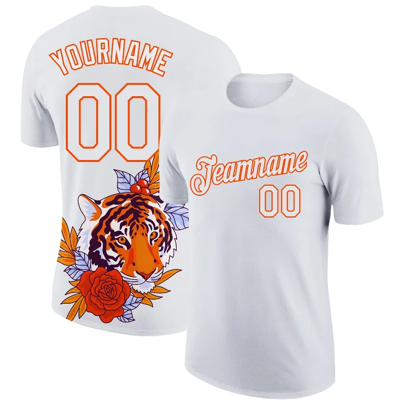 Cozy Fleece T-Shirt for Layering in Cold Weather-Custom White Orange 3D Pattern Design Tiger Performance T-Shirt