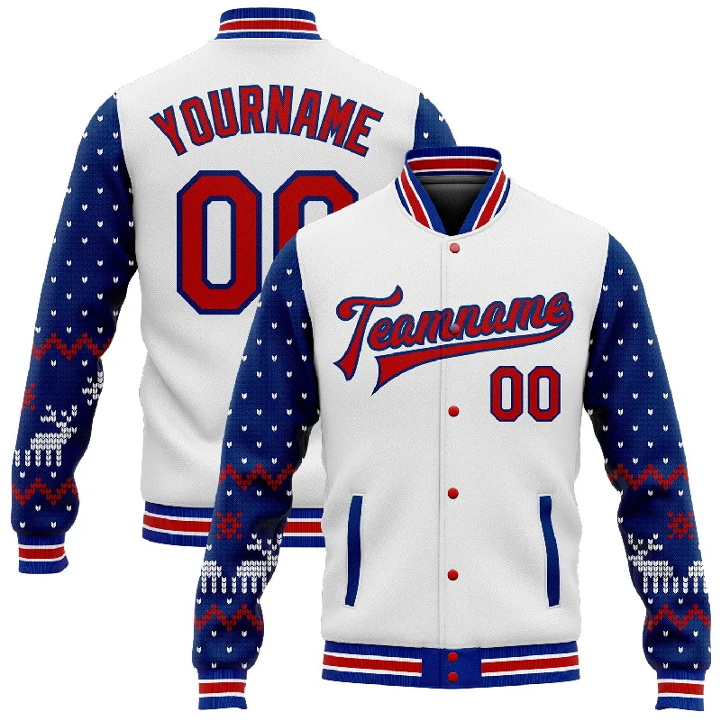 Eco-Friendly Recycled Material Jacket for Sustainability-Custom White Red-Royal Christmas 3D Bomber Full-Snap Varsity Letterman Jacket