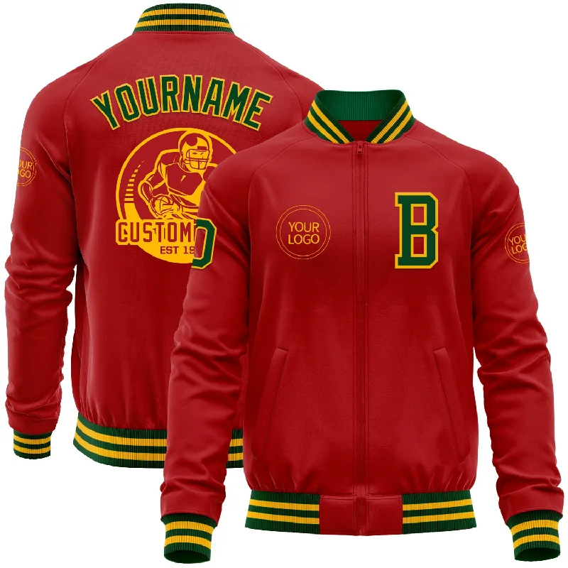 Utility Jacket with Multiple Pockets for Practical Wear-Custom Red Green-Gold Bomber Varsity Letterman Zipper Jacket