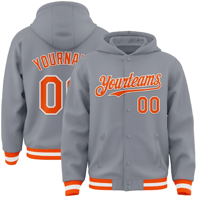 Minimalist Zip-Up Hoodie for Sleek Style-Custom Gray Orange-White Bomber Full-Snap Varsity Letterman Hoodie Jacket