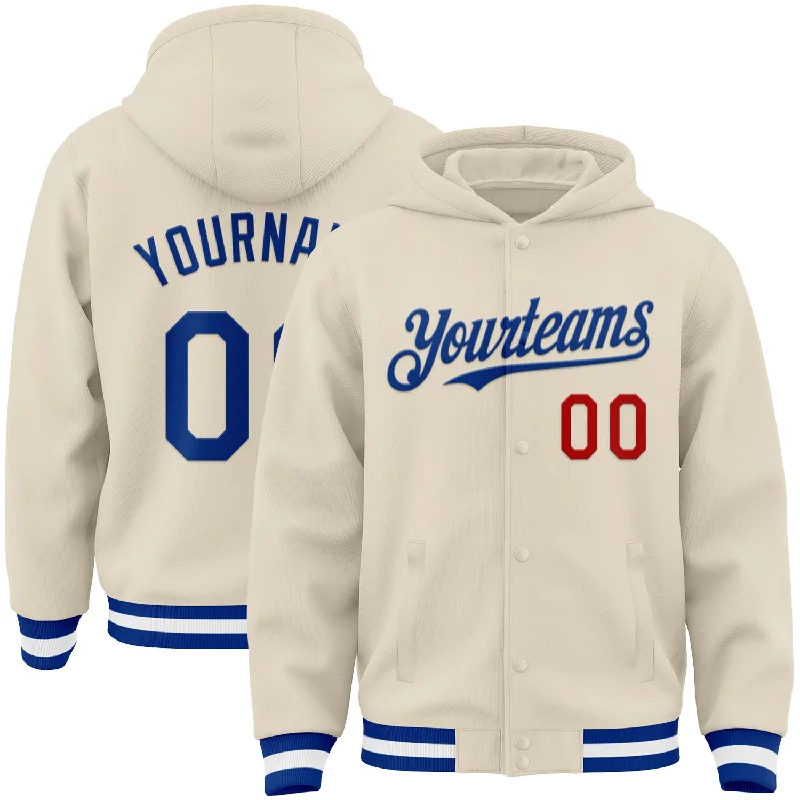 Soft Terry Cloth Hoodie for Relaxed Vibes-Custom Cream Royal Red-White Bomber Full-Snap Varsity Letterman Hoodie Jacket