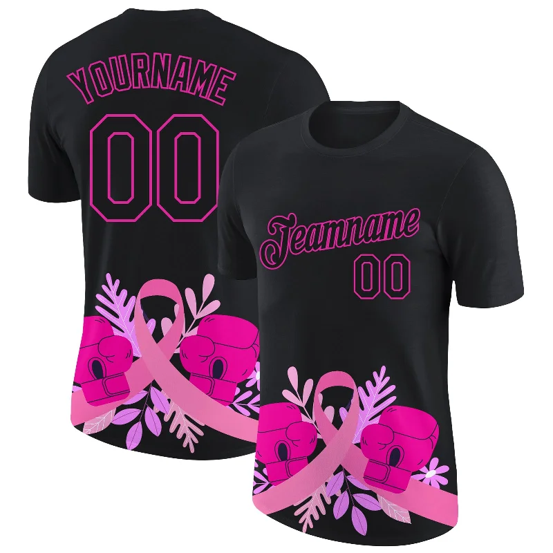 Detailed Embroidered T-Shirt for Artistic Flair-Custom Black Deep Pink 3D Pink Ribbon Breast Cancer Performance T-Shirt