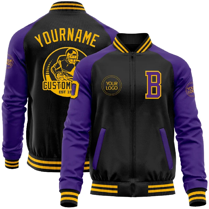 Lightweight Fleece Zip-Up Jacket for Layering-Custom Black Gold-Purple Bomber Varsity Letterman Two Tone Zipper Jacket