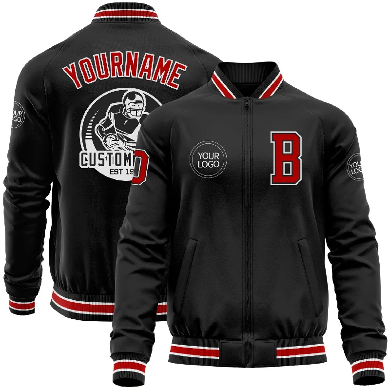 Trendy Sherpa Fleece Jacket for Cold Weather-Custom Black Red-White Bomber Varsity Letterman Zipper Jacket